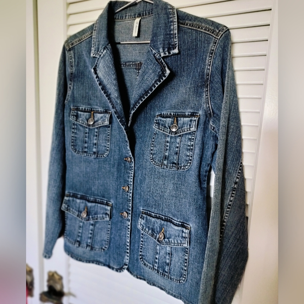 db denim Women's Denim Blazer Ramie Cotton Blend Size Medium Button Up Back Slit